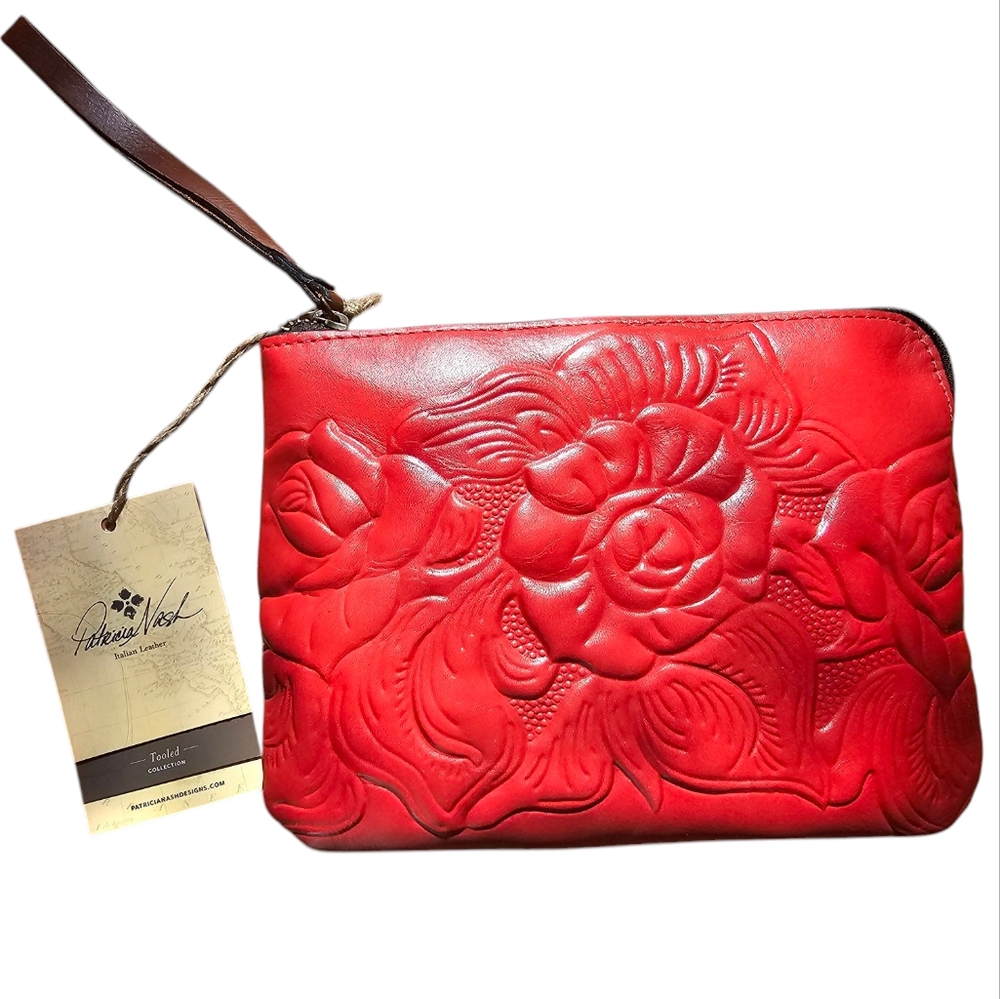 NWT Patricia Nash Tooled Leather Embossed Poppy Red Clutch Wristlet